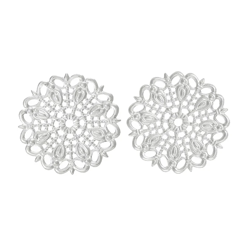 50 PCs Doreen Box Copper Embellishment Findings Round Silver Color Hollow Flower Pattern For DIY Jewelry Making 25mm x | Украшения и