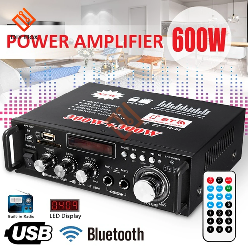 

600W Bluetooth Amplifier for speakers 300W+300W 2CH HIFI Audio Stereo Power AMP USB FM Radio Car Home Theater Remote Control