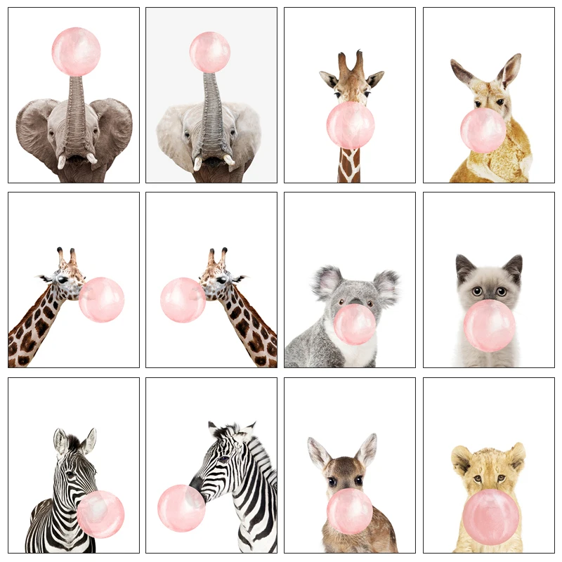 Nordic minimalist animal canvas painting pink bubble lion tiger and giraffe art posters and prints for home baby room decoration 
Nordic minimalist animal canvas painting pink bubble lion tiger and giraffe art posters and prints for home baby room decoration