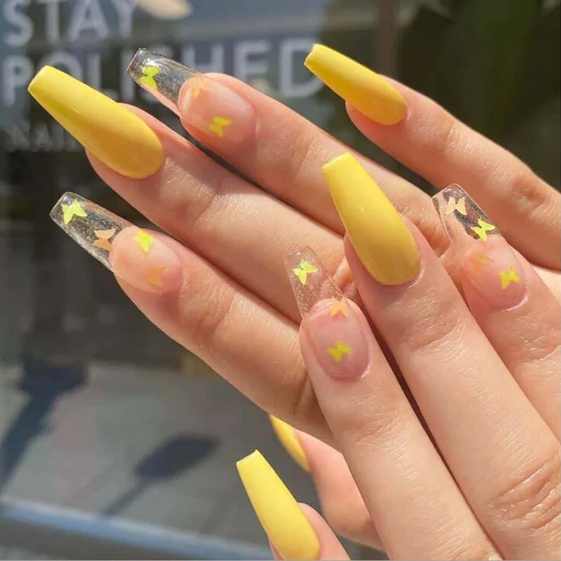 

24 шт./компл. длинные поддельные ногти балерины в форме гроба желтые бриллианты полный дизайн ногтей Типсы Маникюр салонные украшения