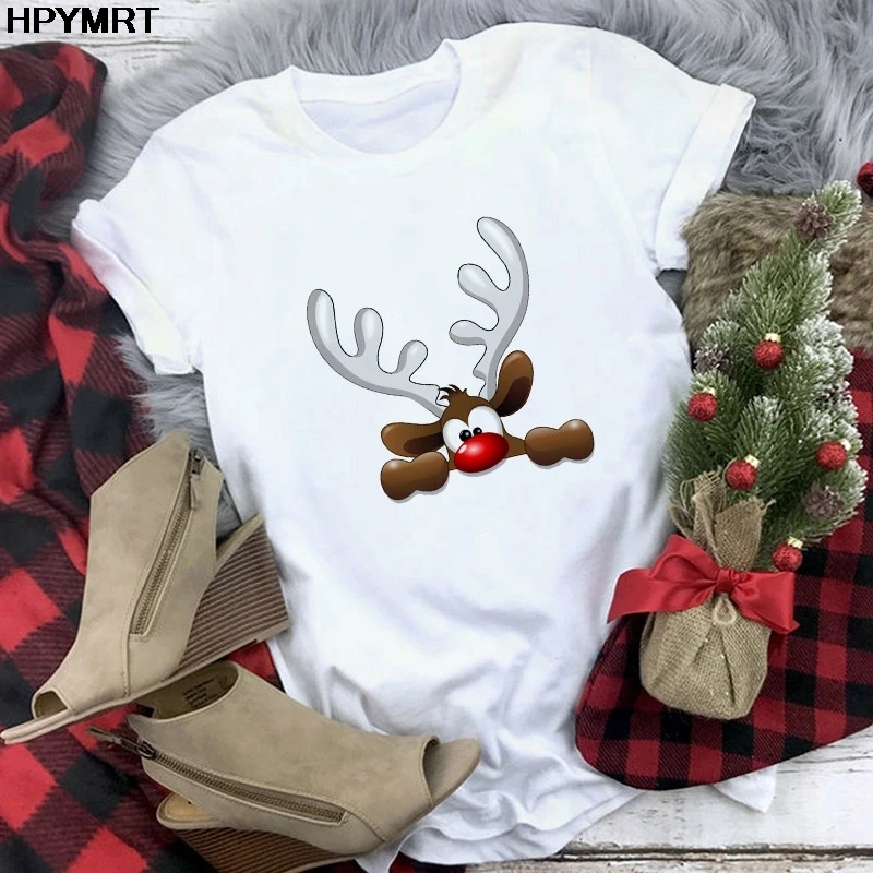 Women 2020 New Short Sleeve Merry Christmas T-shirt Female White Tee Shirt Harajuku Tops Clothing Cute Reindeer Printed T Shirt