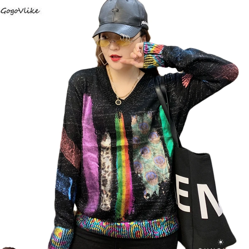 Colorful Gold Print Street wear Letter Printed Long Knitted Wear Tops Women V neck Sweater Plus Size Knitted Pullovers LT963S30
Colorful Gold Print Street wear Letter Printed Long Knitted Wear Tops Women V neck Sweater Plus Size Knitted Pullovers LT963S30