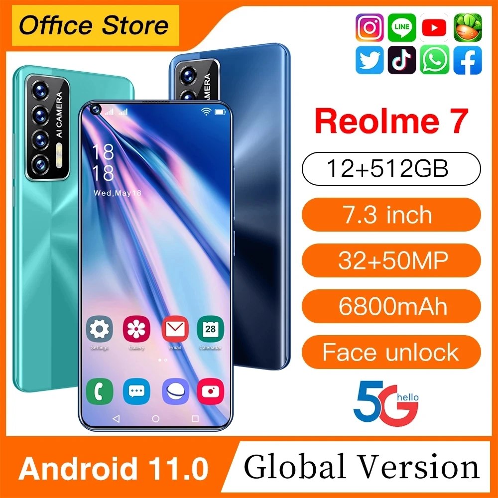 Reolme 7 Global Version Qualcomm Snapdragon 888 6800mAh Android11.0 16GB 1T 5G 7.3'' Mobile Phone Face Unlock Smartphone
Reolme 7 Global Version Qualcomm Snapdragon 888 6800mAh Android11.0 16GB 1T 5G 7.3'' Mobile Phone Face Unlock Smartphone