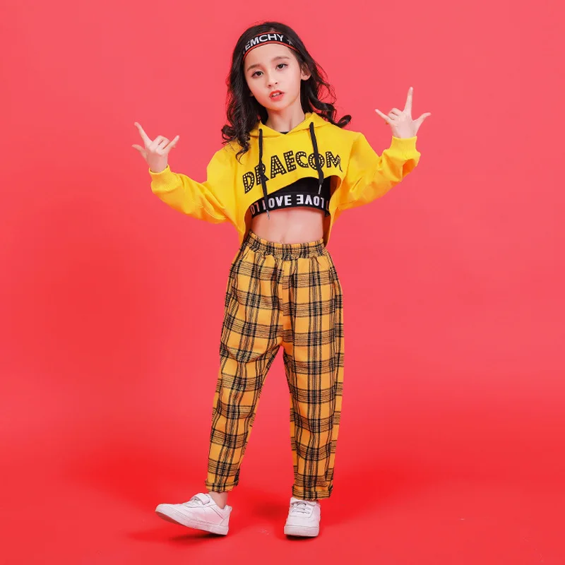 Yellow Girls Boys Hip Hop Hoodies Dance Clothes for Kids Jazz Dancing Costumes T Shirt Ballroom Crop Tops Plaid Jogger Pants |