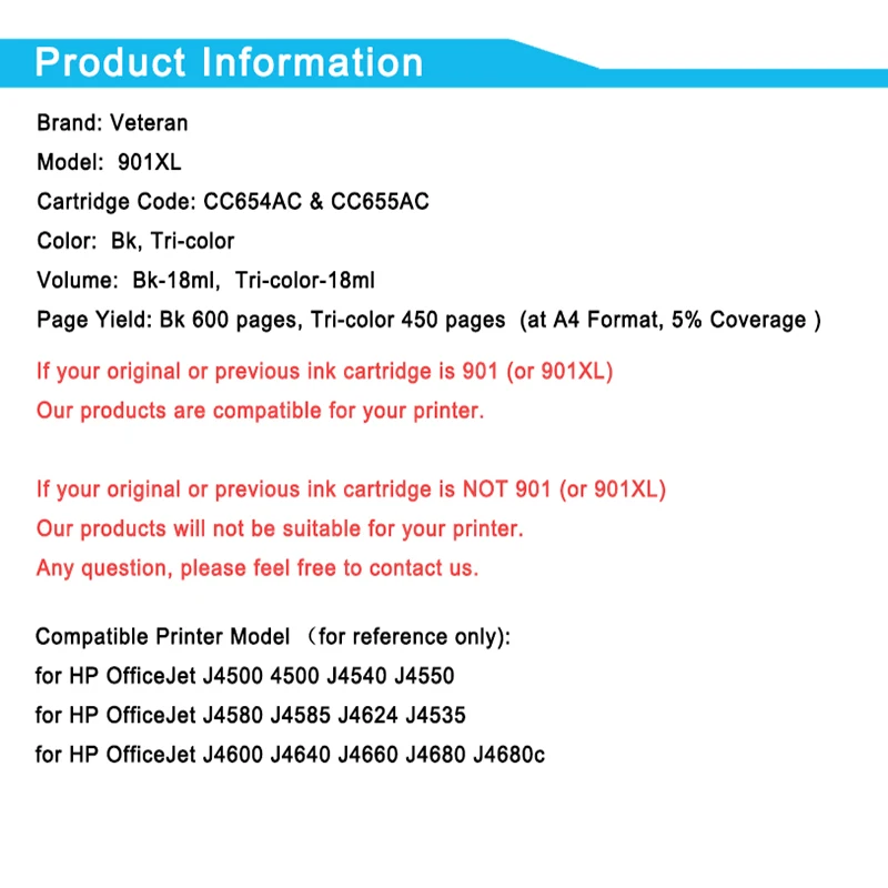 Чернильные картриджи Veteran 901XL совместимые с Hp 901 Xl Hp901 чернильный картридж для