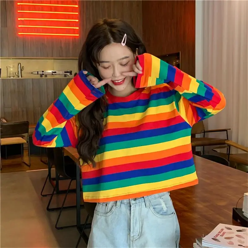 Women Summer Tshirt Kawaii Vintage Lovely Rainbow Striped Long Sleeve T-shirt Female Sweet Cute Harajuku Tunic For Women's Top
Women Summer Tshirt Kawaii Vintage Lovely Rainbow Striped Long Sleeve T-shirt Female Sweet Cute Harajuku Tunic For Women's Top