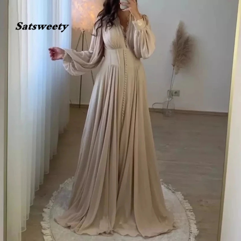 Muslim Evening Dresses For Women Party Champagne Long Sleeve Dubai Formal Prom Gown A-Line Chiffon Vestidos De Fiesta
Muslim Evening Dresses For Women Party Champagne Long Sleeve Dubai Formal Prom Gown A-Line Chiffon Vestidos De Fiesta