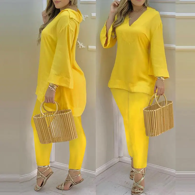 2021 Spring Summer Casaul Women Home Wear Solid Suit Sets Long Sleeve Plain Bell Sleeve V-Neck Top & Pants Set For Dailywear
2021 Spring Summer Casaul Women Home Wear Solid Suit Sets Long Sleeve Plain Bell Sleeve V-Neck Top & Pants Set For Dailywear