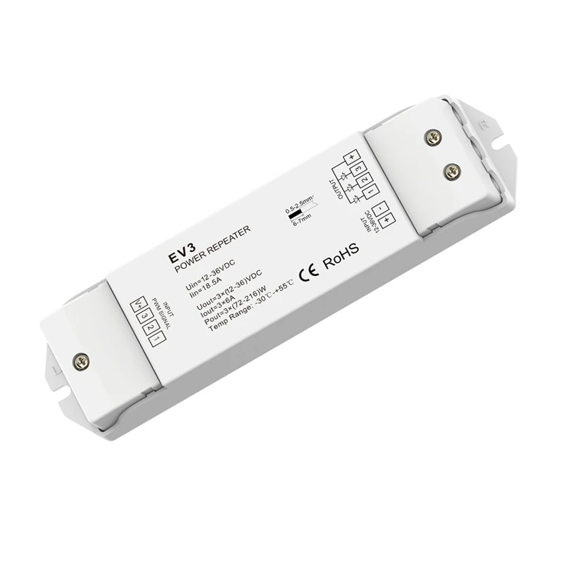 LED RGB Strip Power Repeater Amplifier EV3 12V 24V 6A*3CH 18A 3 Channel Output String Led Single CCT RGB String Tape Amplifier
LED RGB Strip Power Repeater Amplifier EV3 12V 24V 6A*3CH 18A 3 Channel Output String Led Single CCT RGB String Tape Amplifier