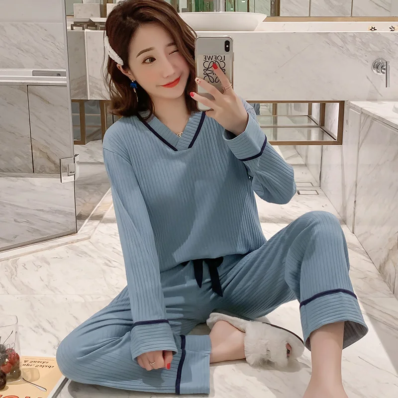 Pajamas Female Winter Long Sleeves Cotton Sunken Stripe Dark Blue Fresh Students Spring and Autumn Homewear Set
Pajamas Female Winter Long Sleeves Cotton Sunken Stripe Dark Blue Fresh Students Spring and Autumn Homewear Set