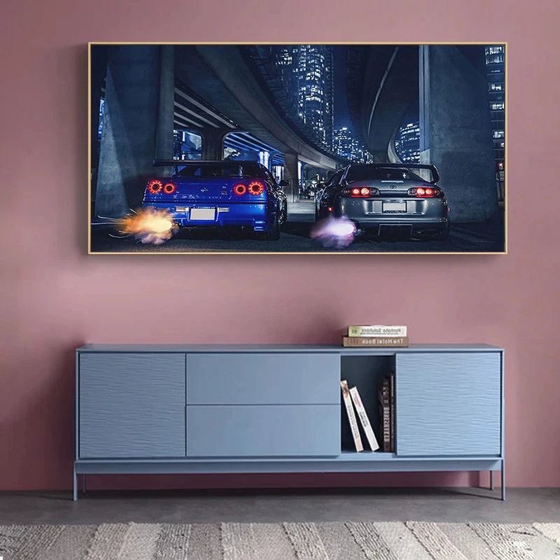 Automotive Art Wall Frame GTR R34 VS Modern Oil Painting Poster and Print on Vehicles Living Room Bedroom Home Decor Bezel-less | Дом и сад