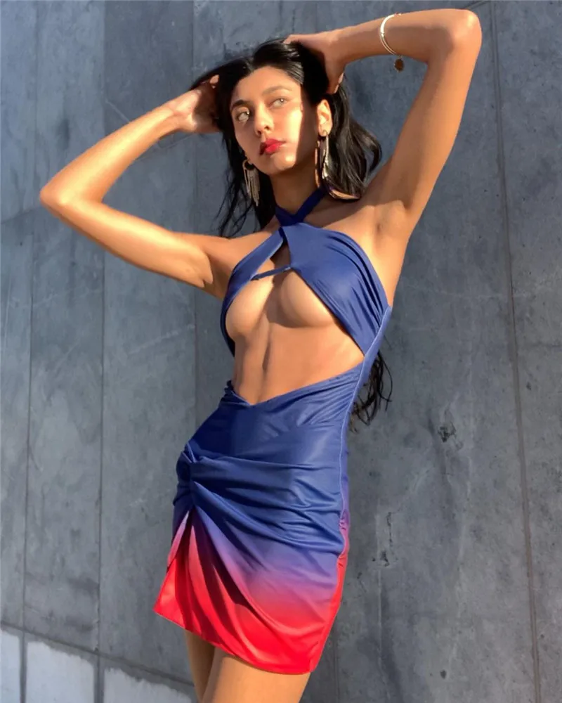 Summer Gradient Color Print Women Dress Party Club Off Shouler Hollow Out High Waist Backless Cross Lace-up Halter Dress 2021
Summer Gradient Color Print Women Dress Party Club Off Shouler Hollow Out High Waist Backless Cross Lace-up Halter Dress 2021