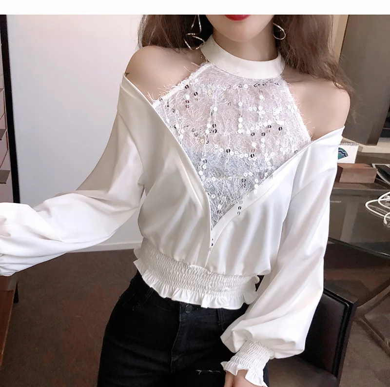 Women Summer Halter Lantern Sleeve Bling Sequin Ruffles Basic Shirt Elegant Lady Sexy Elastic Slim Pullover Chiffon Blouse Tops
Women Summer Halter Lantern Sleeve Bling Sequin Ruffles Basic Shirt Elegant Lady Sexy Elastic Slim Pullover Chiffon Blouse Tops