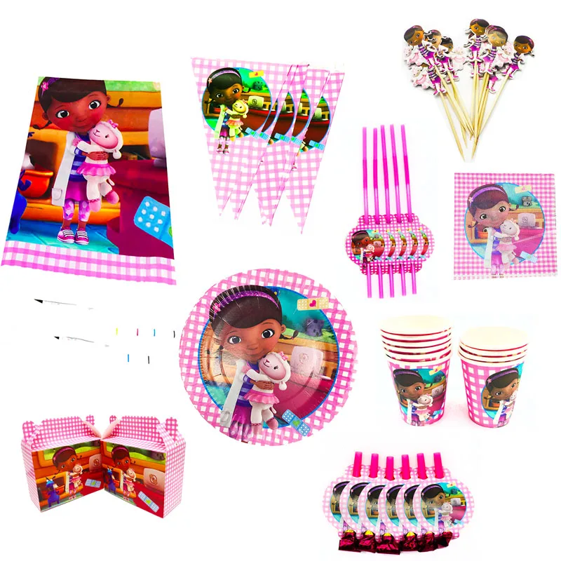 

99pcs Doc McStuffins Plates Cups Napkins Banners Candy Box Tablecloths Straws Girls Birthday Party Supplies Disposable Tableware