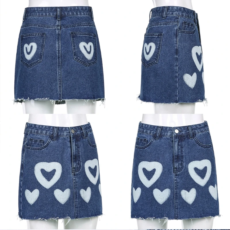 67JF Women Sexy High Waist A-Line Blue Mini Denim Skirt Sweet Kawaii Contrast Color Heart Print Harajuku Vintage Streetwear
67JF Women Sexy High Waist A-Line Blue Mini Denim Skirt Sweet Kawaii Contrast Color Heart Print Harajuku Vintage Streetwear
