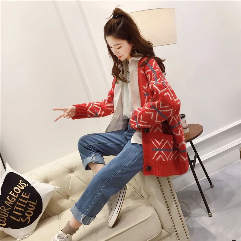 

2021 Button Oversized Knitted Jumper Cardigans Vneck Geometric Long Poncho Knit Jacket Casual Female Sweater Cardigans