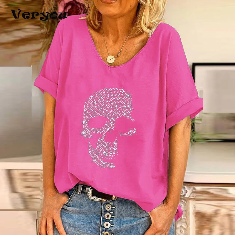 T-shirt Women's Spring Long Sleeve Large Size Tops Casual Loose Short Sleeve Tshirt Skull Print Female V-neck T-shirts 2021
T-shirt Women's Spring Long Sleeve Large Size Tops Casual Loose Short Sleeve Tshirt Skull Print Female V-neck T-shirts 2021