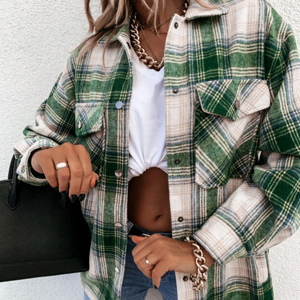 Casual Green Plaid Shirt Women Winter Fashion Drop Shoulder Sleeve Lapel Loose Shirt Vintage Elegant Spring Autumn Versatile Top 
Casual Green Plaid Shirt Women Winter Fashion Drop Shoulder Sleeve Lapel Loose Shirt Vintage Elegant Spring Autumn Versatile Top