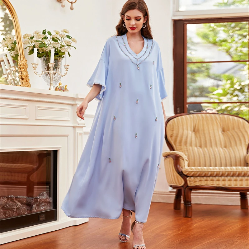2021 Summer New Middle East Dubai Robe Abaya Muslim Light Blue Handmade Loose 5-point Sleeve Lace Sleeve Dress Kaftan
2021 Summer New Middle East Dubai Robe Abaya Muslim Light Blue Handmade Loose 5-point Sleeve Lace Sleeve Dress Kaftan
