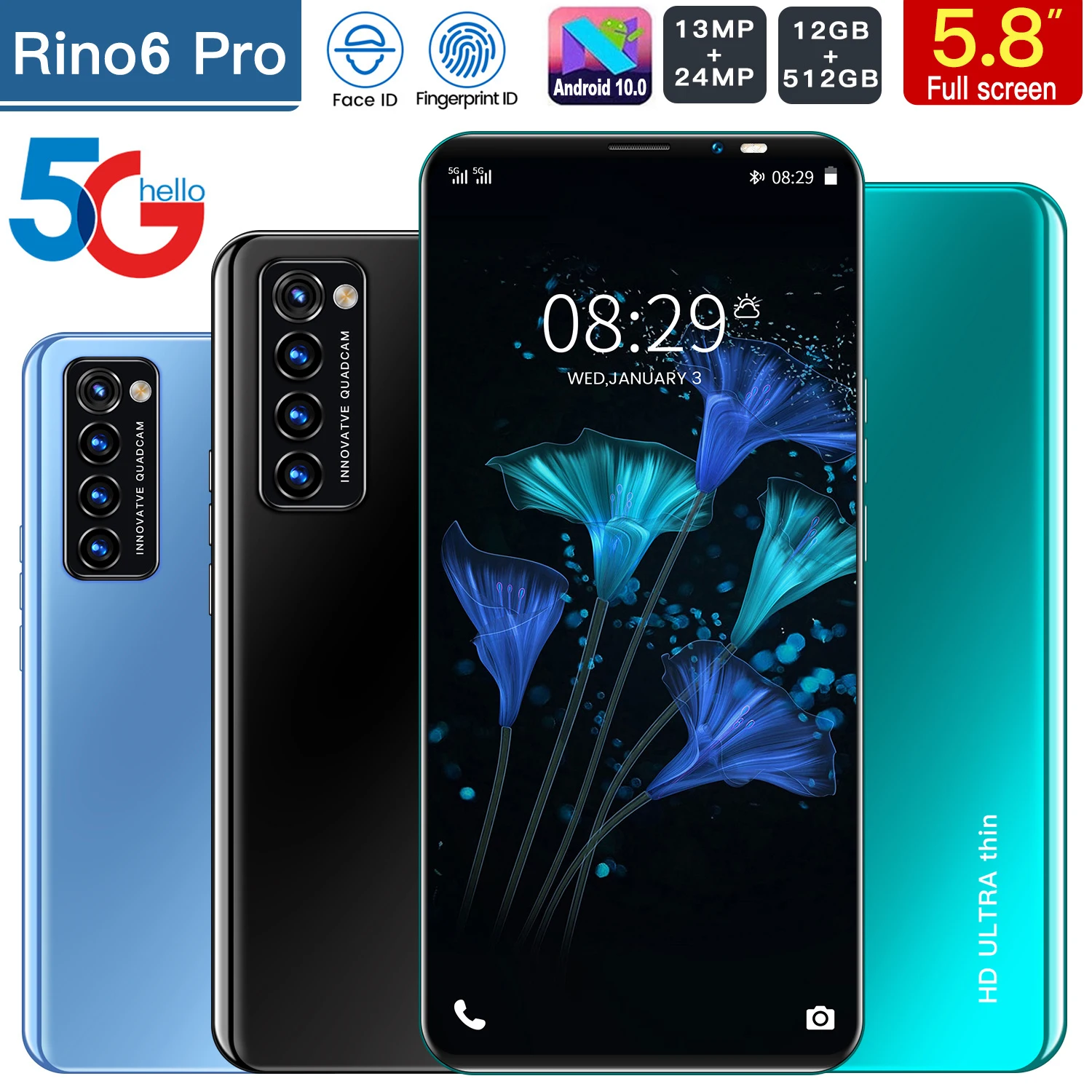 Global Version Rino6 pro Smartphones 4800mAh 12+512GB 5.8Inch Mobile Phones 13MP +24MP HD Camera Android10 Dual SIM Cellphones
Global Version Rino6 pro Smartphones 4800mAh 12+512GB 5.8Inch Mobile Phones 13MP +24MP HD Camera Android10 Dual SIM Cellphones