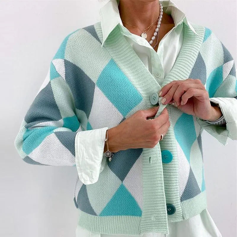 Women Color Argyle Plaid Sweaters Fashion V-Neck Long Sleeve Knitted Cardigan Sweater Autumn Sweet Ladies Knitwear Coat
Women Color Argyle Plaid Sweaters Fashion V-Neck Long Sleeve Knitted Cardigan Sweater Autumn Sweet Ladies Knitwear Coat