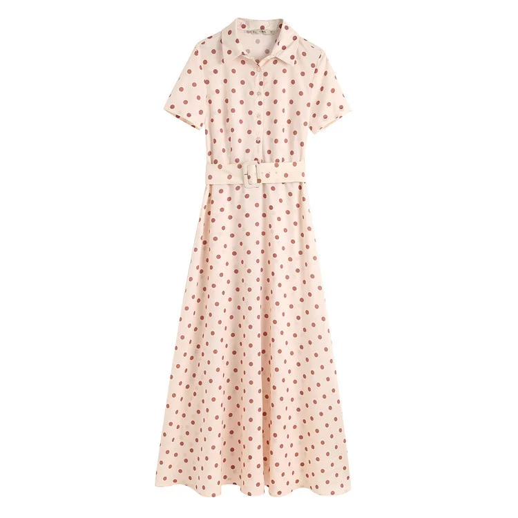 Женское платье макси в горошек SHZQ, с поясом и отложным воротником, повседневные платья с коротким рукавом, платья до щиколотки 
Женское платье макси в горошек SHZQ, с поясом и отложным воротником, повседневные платья с коротким рукавом, платья до щиколотки