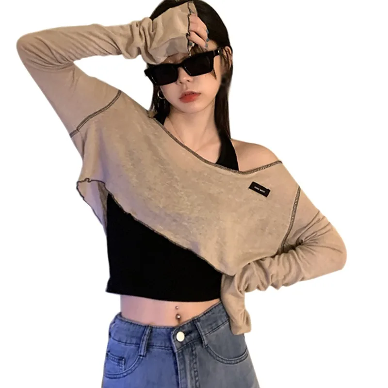 Women T-shirt Design Sense One-shoulder Sweet Hot Girl Full-sleeved Expose Navel Sunscreen Blouse Short Top Summer
Women T-shirt Design Sense One-shoulder Sweet Hot Girl Full-sleeved Expose Navel Sunscreen Blouse Short Top Summer