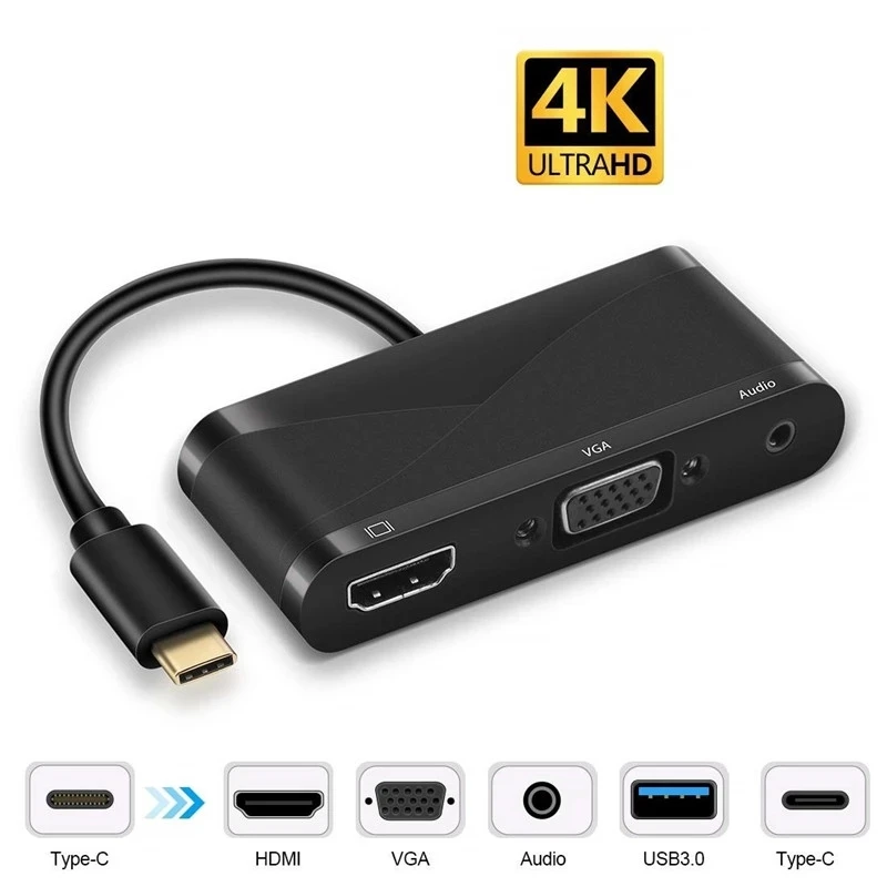 

Hub de carregamento 5 em 1, compatível com usb-c a hdmi, 3.0, vga com adaptador de áudio 3.5 para macbook,, samsung s9, xiaomi 9