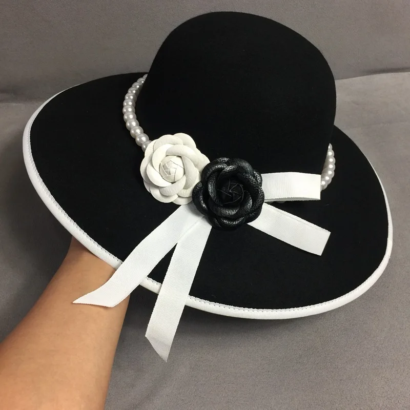 

Formal Wide Brim White Black Flower Fedora Hat Pearls Band 100% Wool Felt Floppy Ladies Wedding Church Hat Porkpie Trilby Hat