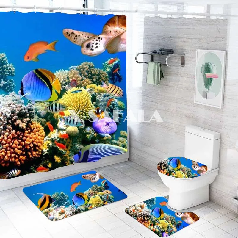 

The Underwater World Bathroom Decor Mildew-proof Waterproof Shower Curtain+ Non Slip Bathroom Pedestal Rug+ Toilet Lid Cover-3