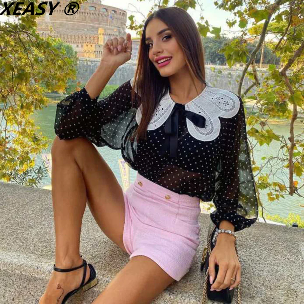 XEASY Women's Blouses Black Polka Dot Shirt Vintage Bow Peter Pan Collar Long Sleeve Women Clothing Pullover Elegant Woman Tops
XEASY Women's Blouses Black Polka Dot Shirt Vintage Bow Peter Pan Collar Long Sleeve Women Clothing Pullover Elegant Woman Tops