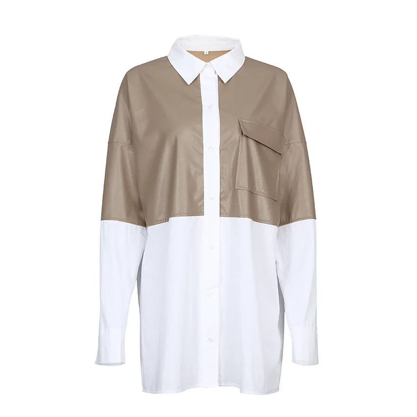 Autumn and Winter New stitching PU leather loose mid-length shirt women's fashion Long-sleeved pocket Blousers Elegant and Chic
Autumn and Winter New stitching PU leather loose mid-length shirt women's fashion Long-sleeved pocket Blousers Elegant and Chic