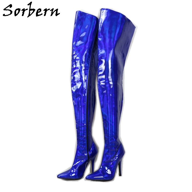 

Sorbern Holo Royal Blue Boots Women Crotch Thigh High 12Cm 18Cm Stilettos Hard Shaft Unisex Fetish Drag Queen Boot Slim Fit