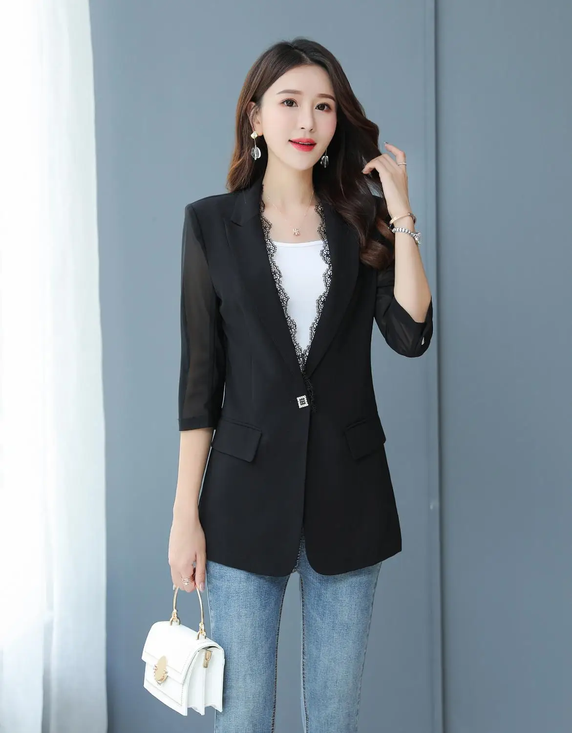 Women's Jacket spring Autumn New Women's Fashion Slim 3/4 Sleeve Black Small Suit Ladies One button coat Women's Suit
Women's Jacket spring Autumn New Women's Fashion Slim 3/4 Sleeve Black Small Suit Ladies One button coat Women's Suit