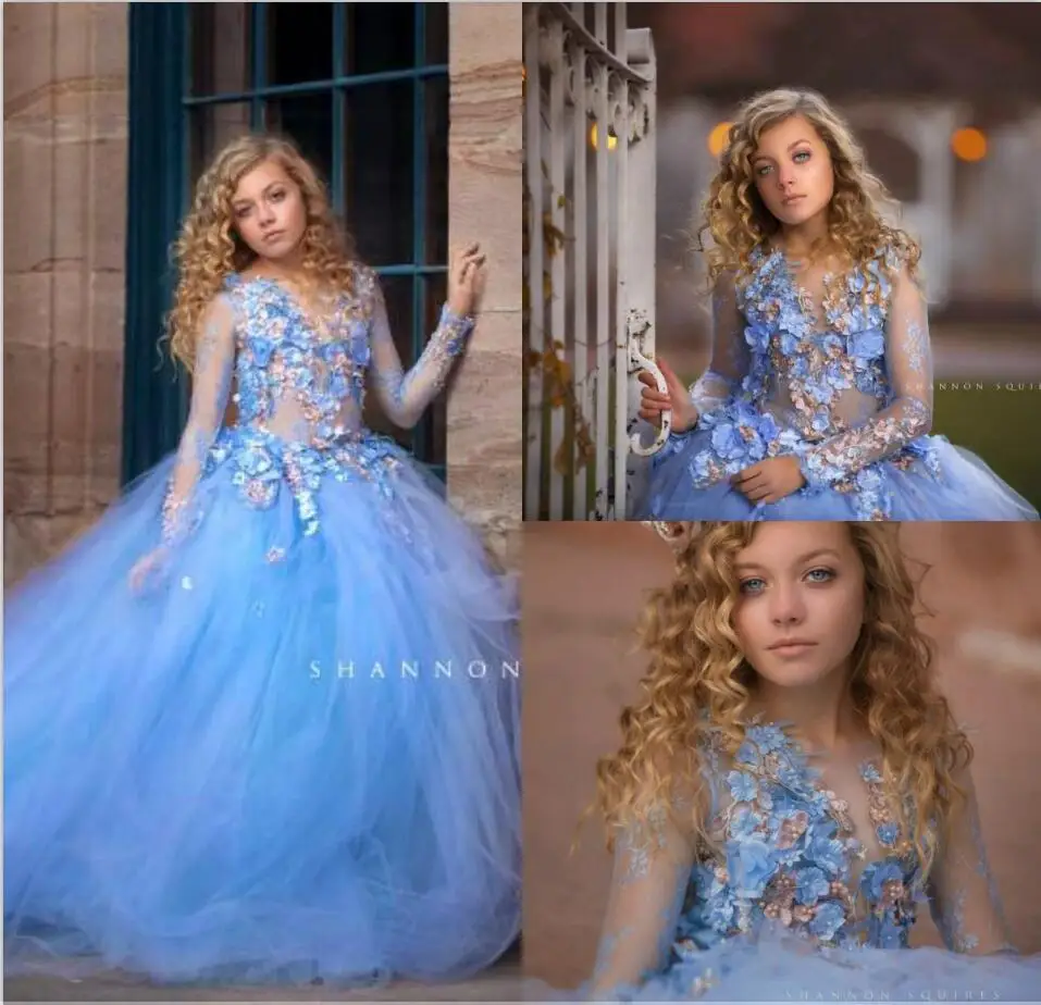 2020 Light Blue Flower Girl Dresses For Wedding Lace 3D Floral Appliqued Girls Pageant Dress Long Sleeve First Communion Gowns | Свадьбы и