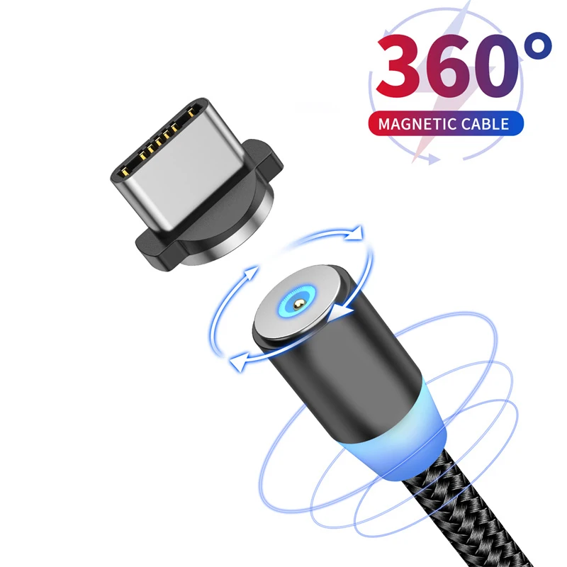 Вращающийся на 360 градусов Магнитный кабель USB Type-C для быстрой зарядки iPhone 11 Samsung