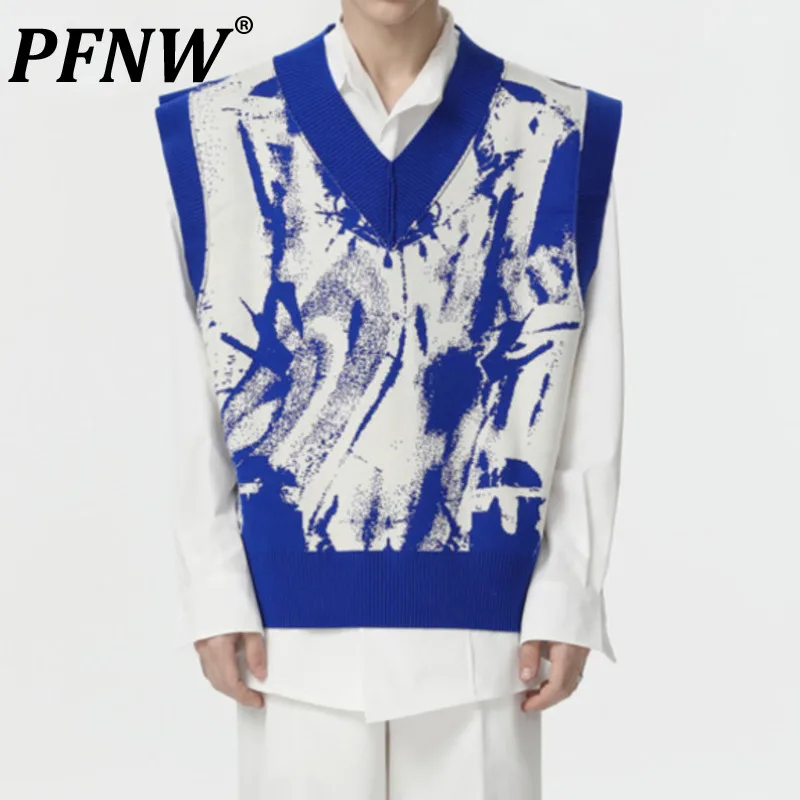 

PFNW абстрактный взрывозащищенный жаккардовый жилет свитер цветной популярный 100% пуховик с кроликом Высококачественная осенне-зимняя Дизай...