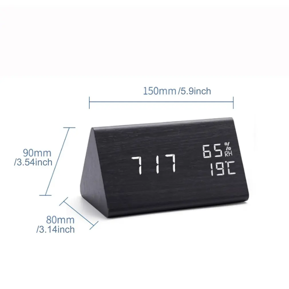 Led Wooden Triangle Electronic Clock Manually Adjust Brightness Clock Mode 12 / 24-hour System Humidity Function
Led Wooden Triangle Electronic Clock Manually Adjust Brightness Clock Mode 12 / 24-hour System Humidity Function