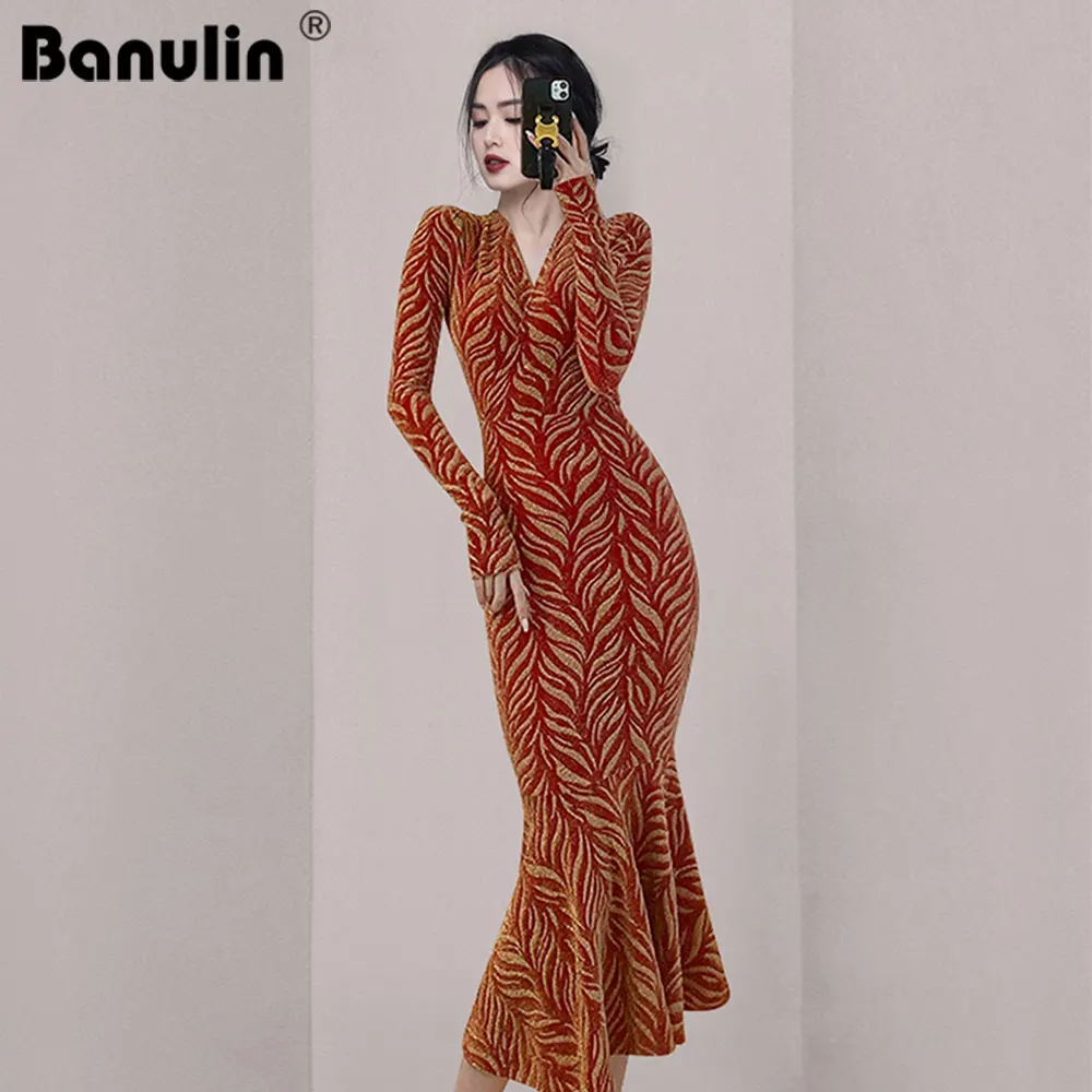 Banulin Fashion Runway Design Mermaid Maxi Dress Female V Neck Long Puff Sleeve Evening Party Dress Winter Bodycon Vestido 5818
Banulin Fashion Runway Design Mermaid Maxi Dress Female V Neck Long Puff Sleeve Evening Party Dress Winter Bodycon Vestido 5818