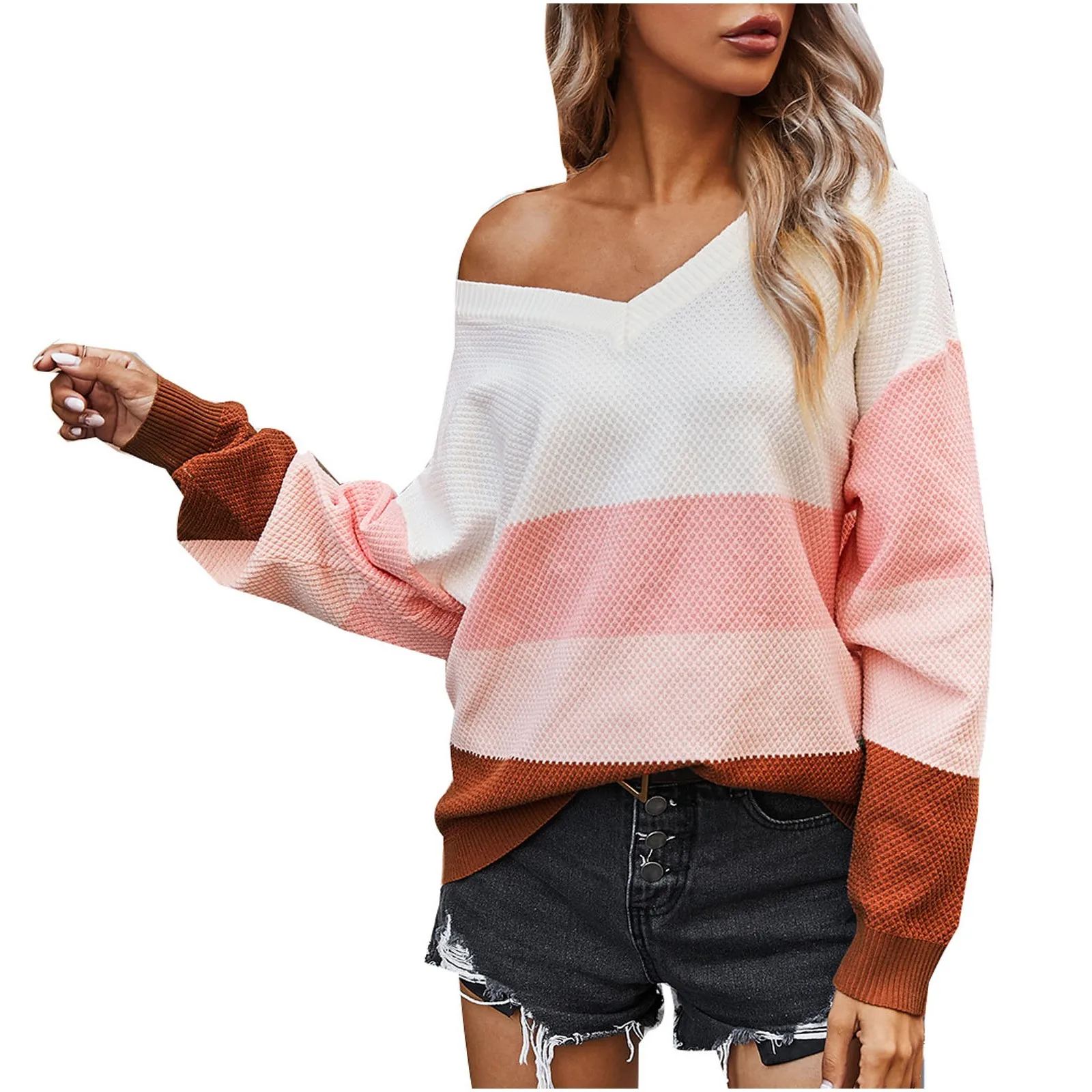 Women's V Neck Loose Casual Long Sleeve Stripe Color Sweater Matching Tops Short loose round neck sweater 2020 autumn and winter
Women's V Neck Loose Casual Long Sleeve Stripe Color Sweater Matching Tops Short loose round neck sweater 2020 autumn and winter