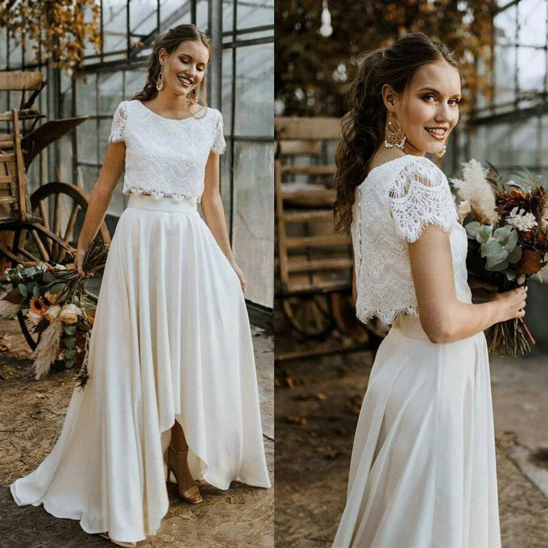Two Piece Bohemian Wedding Dresses A Line High Low Lace Chiffon Boho Beach Bridal Gowns Cheap Long Country Bride Dress Vestidos
Two Piece Bohemian Wedding Dresses A Line High Low Lace Chiffon Boho Beach Bridal Gowns Cheap Long Country Bride Dress Vestidos