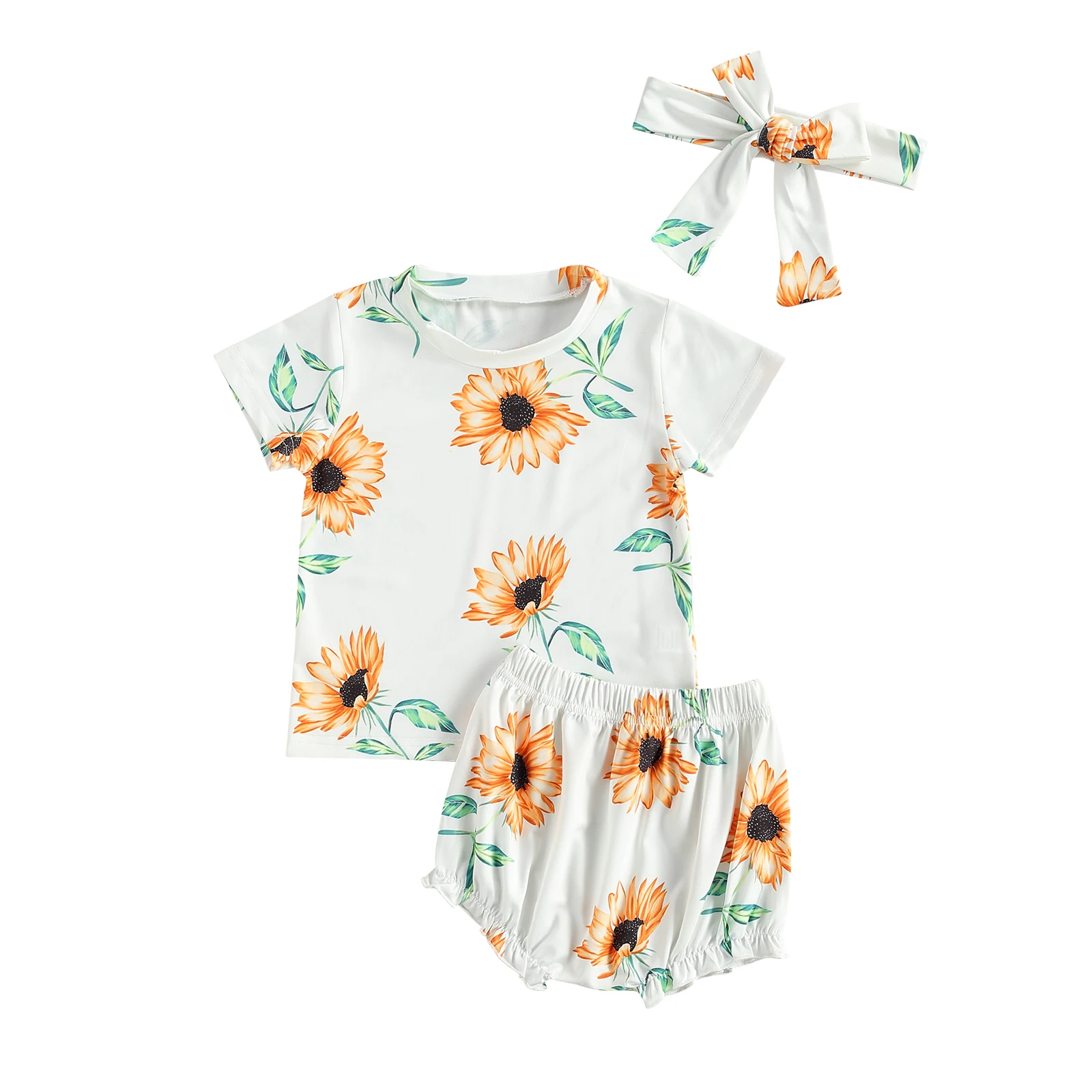 3PCS Summer Baby Girls Clothes Sets Sunflower Print Short Sleeve T shirt Tops and Shorts and Bow Headwear for Birthday Party 
3PCS Summer Baby Girls Clothes Sets Sunflower Print Short Sleeve T shirt Tops and Shorts and Bow Headwear for Birthday Party