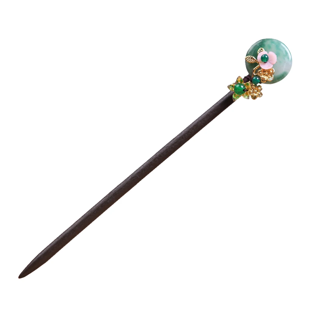 

Natural Wooden Vintage Sandalwood Hair Stick Pick Pin Round Jade & Flower Chopsticks Ethnic Hairpins Accessories Women Antique