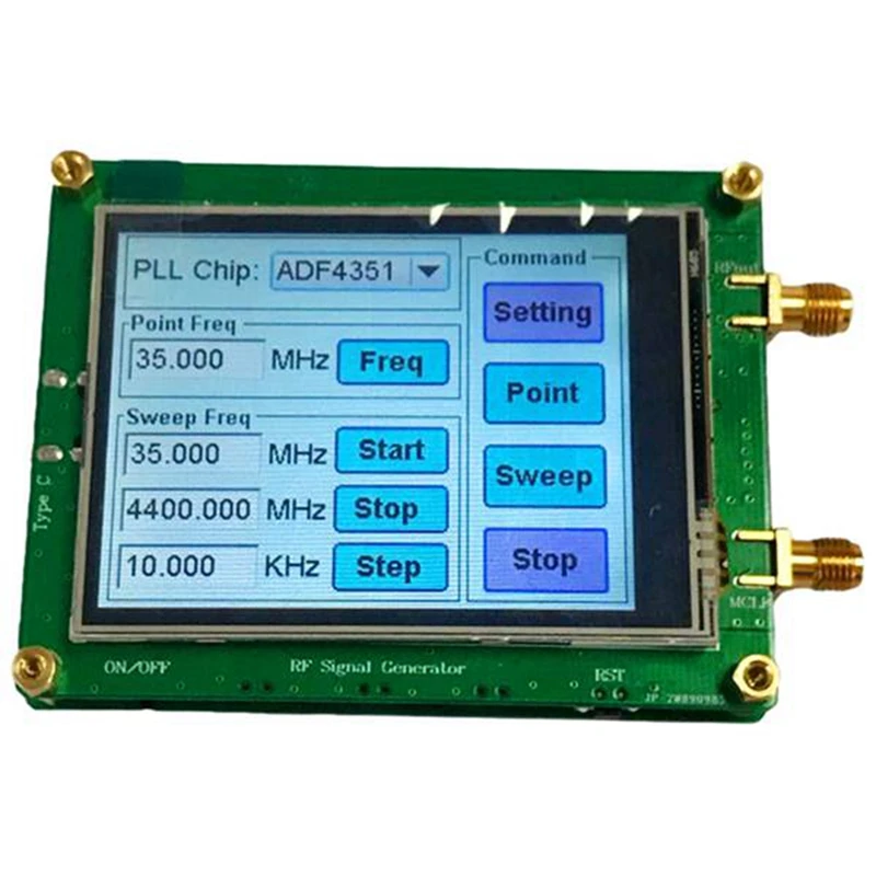 ADF4351 35-4400M RF Signal Source Generator Board PC Control Output Frequency Contact Screen Type-C and SMA Female
ADF4351 35-4400M RF Signal Source Generator Board PC Control Output Frequency Contact Screen Type-C and SMA Female