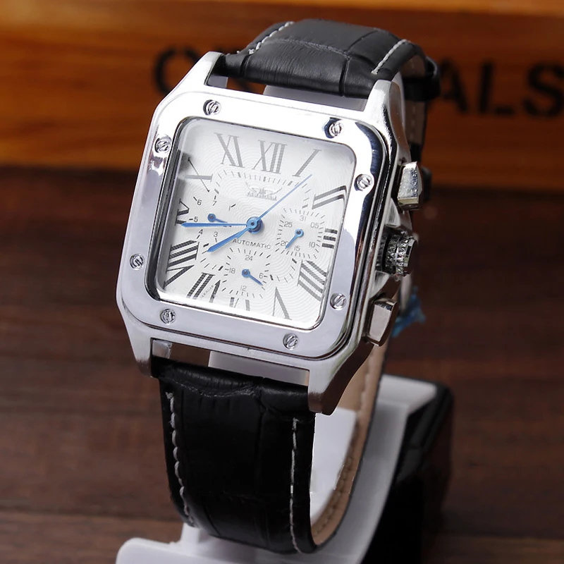 

Mens Business Automatic Mechanical Self-Winding Calendar Display Roman Number Dial Analog Black Leather Strap Wrist Watches Men