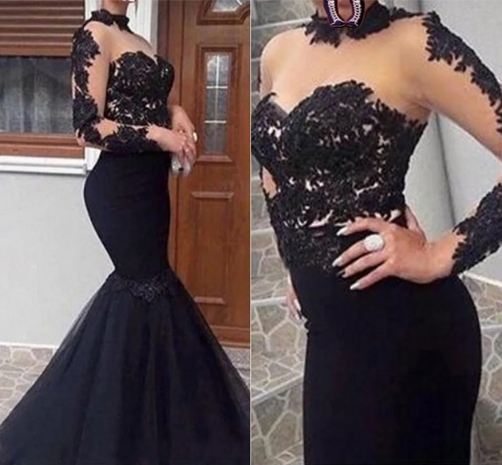HIGH Neck Black Sexy Prom Dresses Mermaid Lace Appliques Satin African Long Illusion Style Prom Evening Dresses
HIGH Neck Black Sexy Prom Dresses Mermaid Lace Appliques Satin African Long Illusion Style Prom Evening Dresses