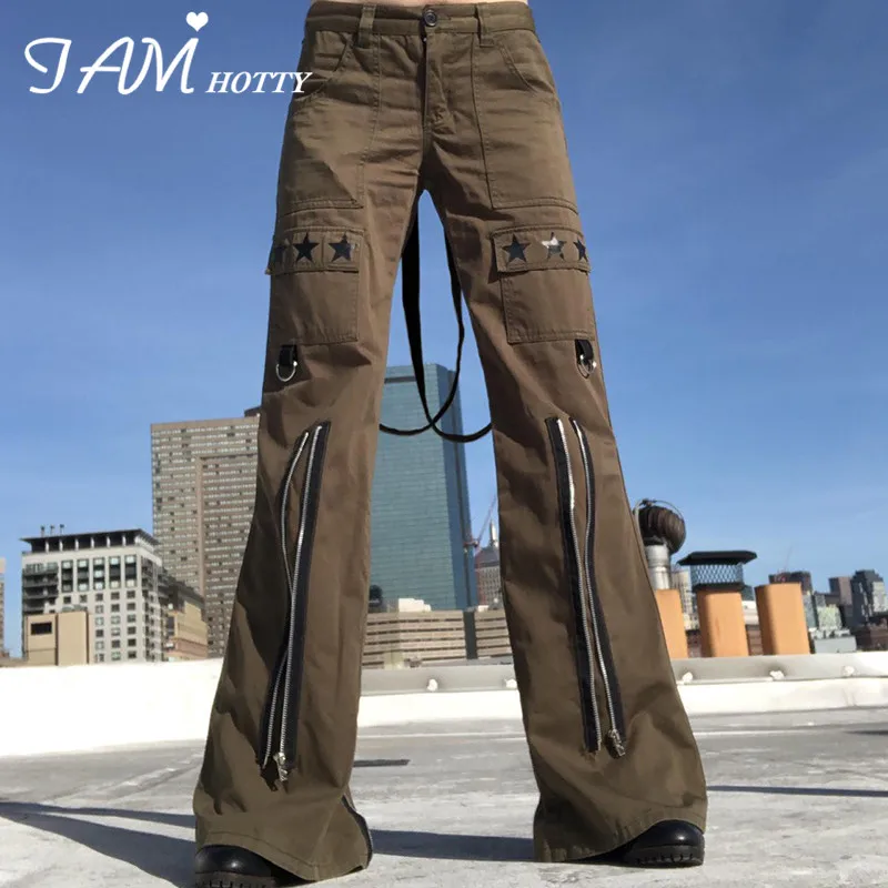 

IAMHOTTY Zip Up Pockets Low Waist Baggy Jeans Women Y2K Ribbons Patches Wide Leg Oversize Denim Trousers Mom Grunge Pants Brown