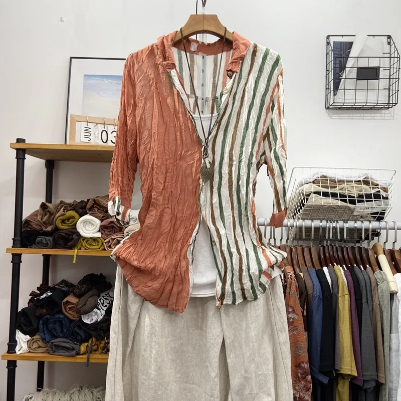 Pleated Cotton Linen Striped Patchwork Women Shirts Vintage Turn-Down Collar Slim Half Sleeved Long Female Outwear Coats Tops
Pleated Cotton Linen Striped Patchwork Women Shirts Vintage Turn-Down Collar Slim Half Sleeved Long Female Outwear Coats Tops