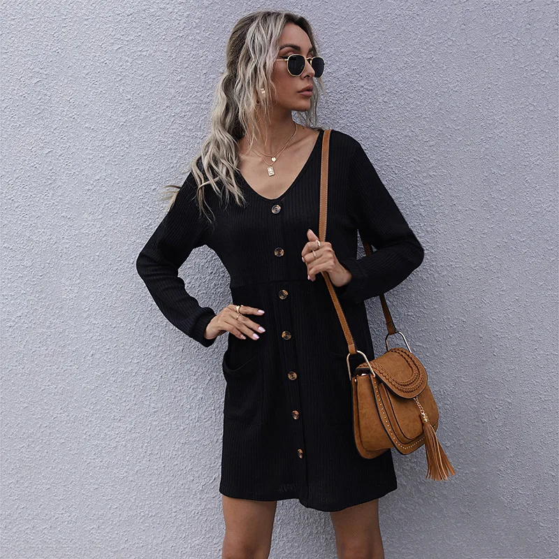 Black Dress for Women 2021 Fall Loose Waist Long Sleeve V-neck Knitting Sweater Dresses Pockets Single Breasted Elegant Fashion
Black Dress for Women 2021 Fall Loose Waist Long Sleeve V-neck Knitting Sweater Dresses Pockets Single Breasted Elegant Fashion