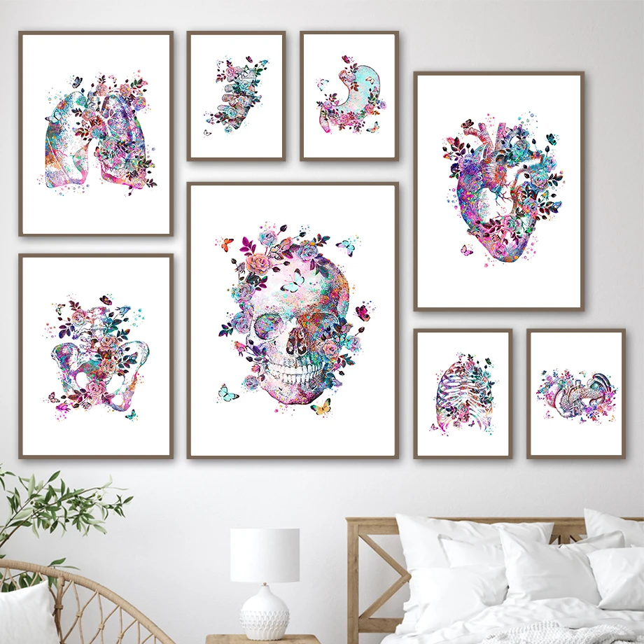 

Lung Heart Skeleton Skull Watercolor Organ Anatomy Art Canvas Painting Medical Posters And Prints Wall Pictures For Clinic Decor